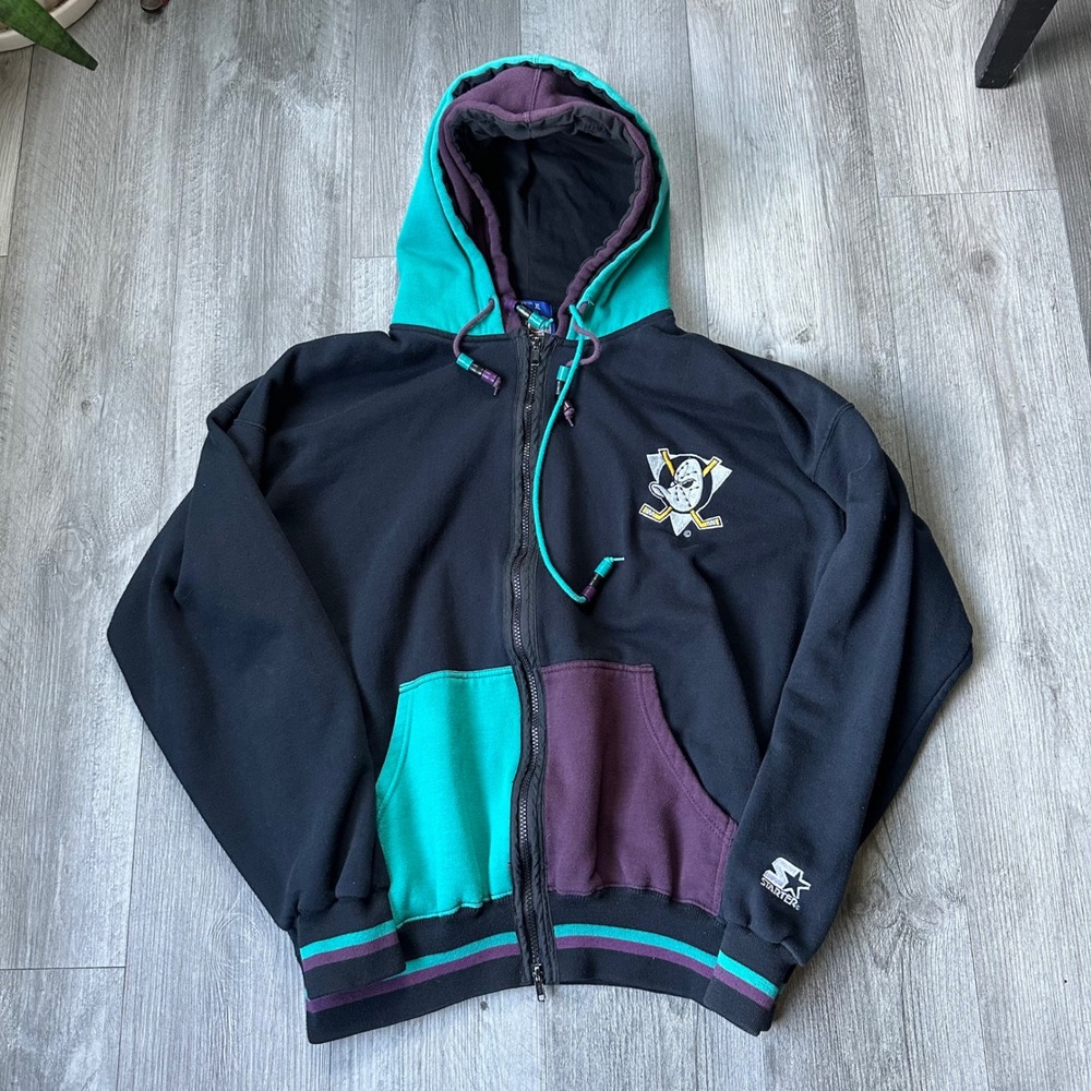 Vintage Starter Mighty Ducks Anaheim Black Zip double Hoodie Teal Purple Mens XL